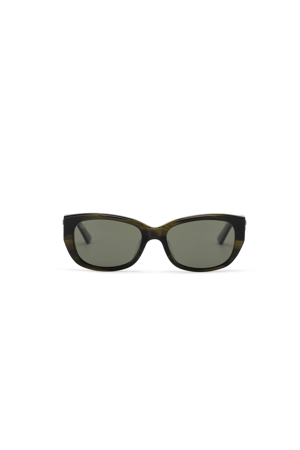 A pair of square-shaped, green-tinted sunglasses with a full plastic frame.Womens Asian fitting Sunglasses. Ruby in Olive - Green Lens 