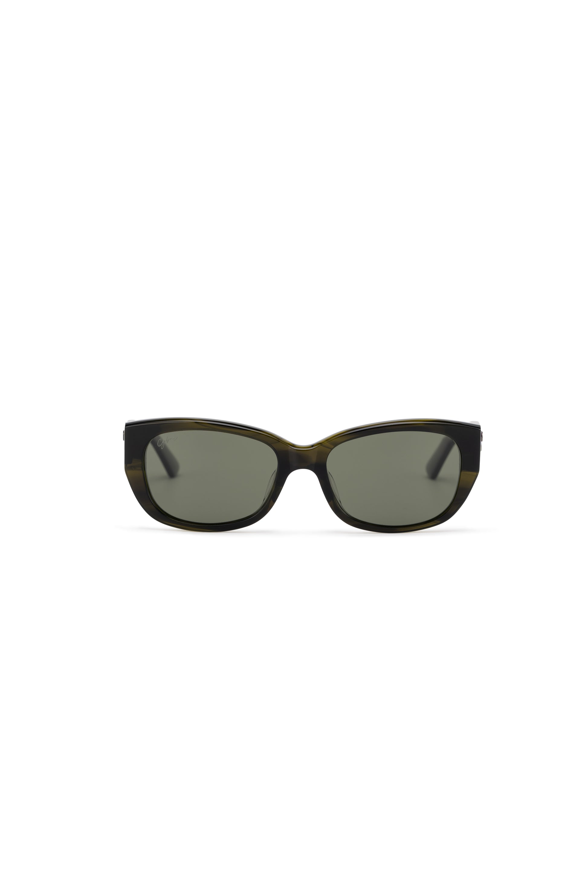 A pair of square-shaped, green-tinted sunglasses with a full plastic frame.Womens Asian fitting Sunglasses. Ruby in Olive - Green Lens 