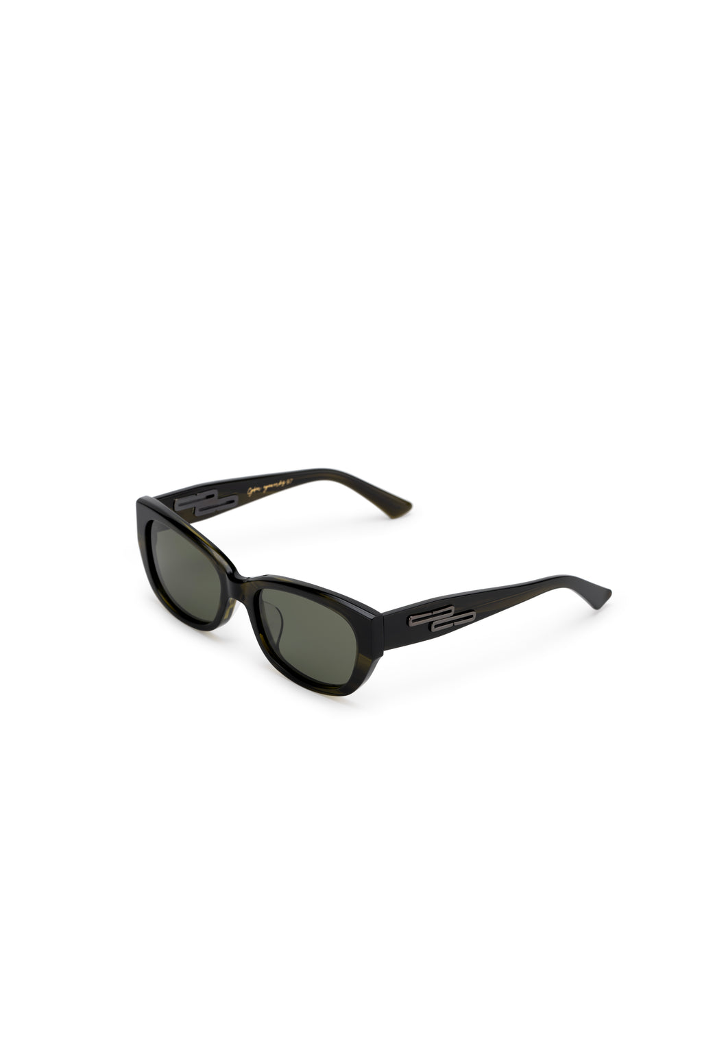A pair of square-shaped, green-tinted sunglasses with a full plastic frame.Womens Asian fitting Sunglasses. Ruby in Olive - Green Lens 