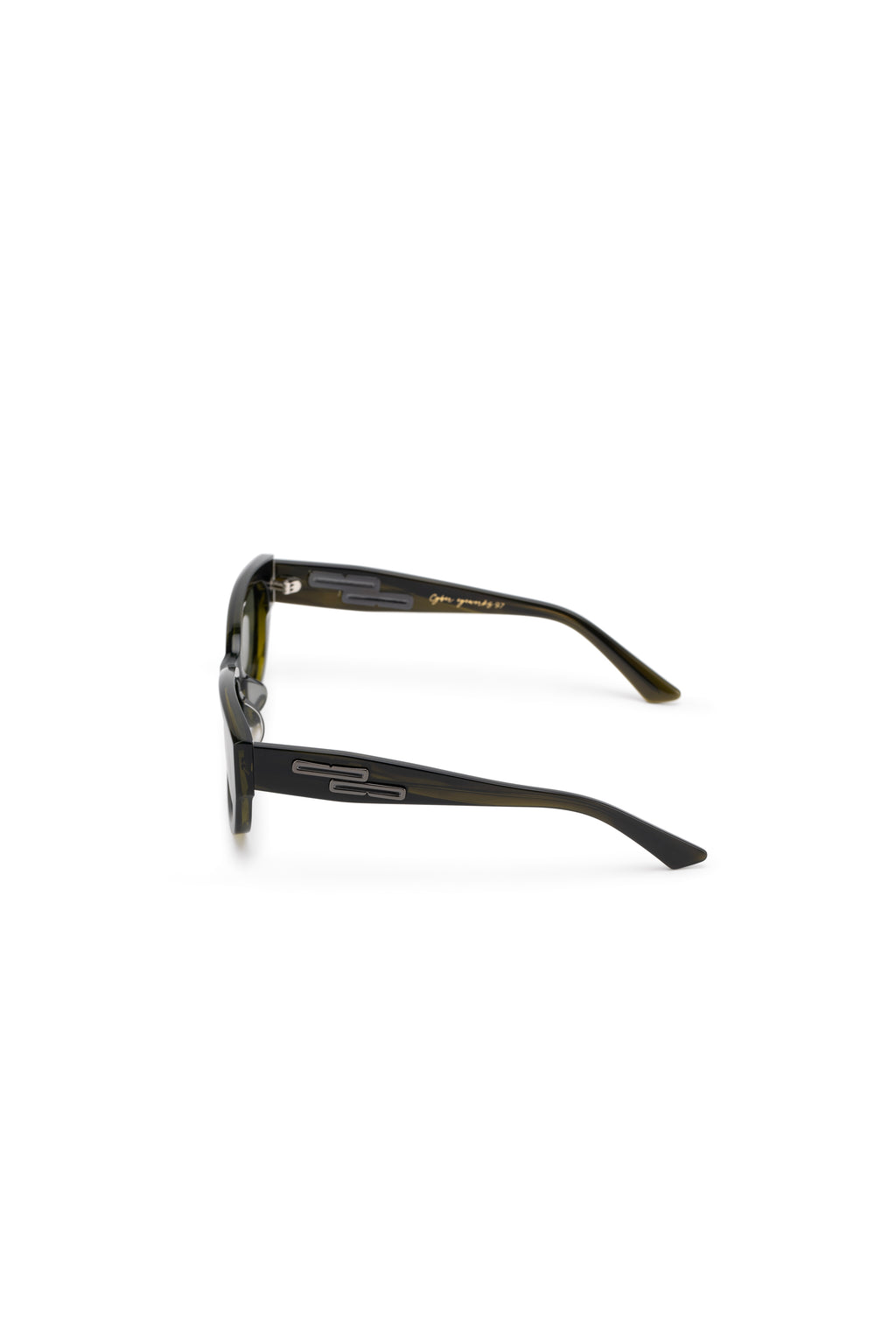 A pair of square-shaped, green-tinted sunglasses with a full plastic frame.Womens Asian fitting Sunglasses. Ruby in Olive - Green Lens 