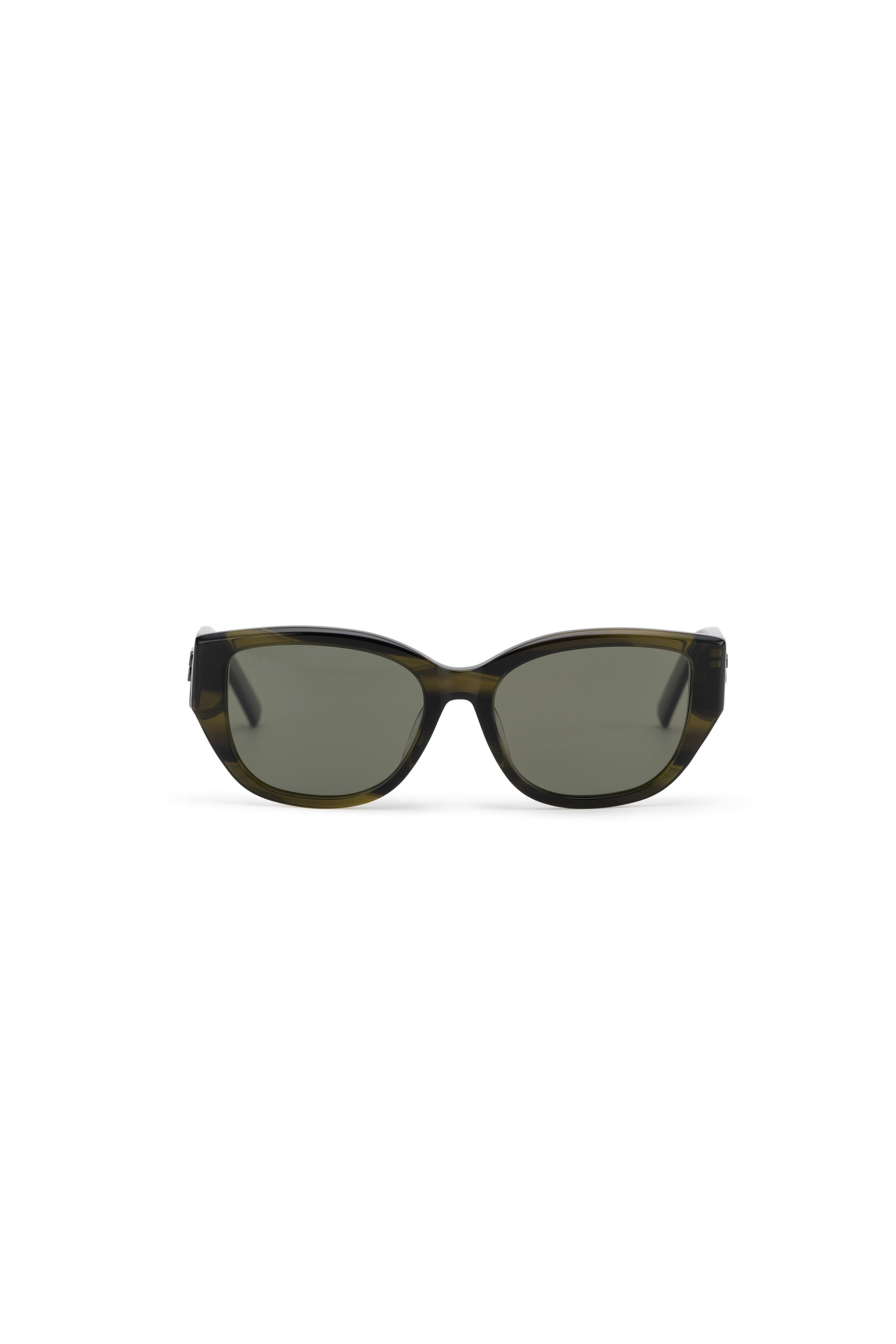 Women with hijab in stylish asian fitting sunglasses. A pair of square-shaped, Cat-eye sunglasses with a full plastic frame.Womens Asian fitting Sunglasses. Stacy in Olive - Green Lens 